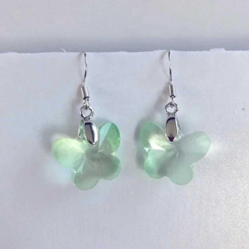 Light Green Butterfly Rainbow Aura Titanium Crystal Quartz Earrings
